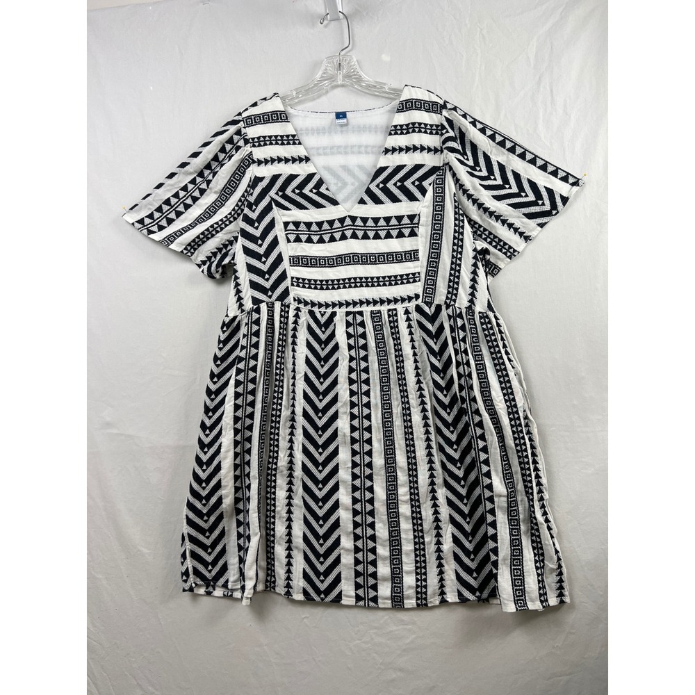 Old Navy Babydoll Dress Women XL Black White Geometric Tribal V-Neck Mini Pocket
